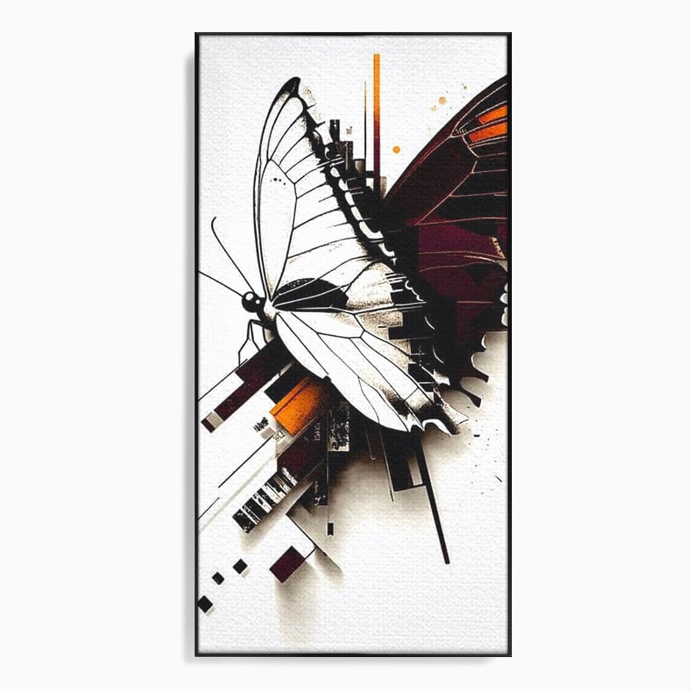 Tablou canvas cu ilustratie digitala cu fluture si linii geometrice, in rama de aluminiu negru